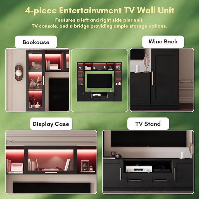 4-Piece Wall Unit TV Stand for TVs Up to 70", Modern Entertainment TV Wall Unit with LED Light, Large Wall Media Center for Living Room, Black