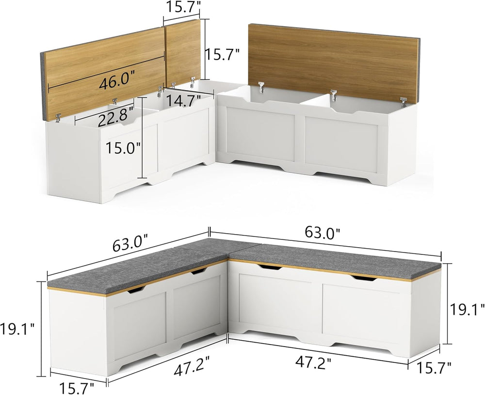 3-Piece L-Shape Storage Bench Set with Cushion, Kitchen Dining Nook Bench wit...