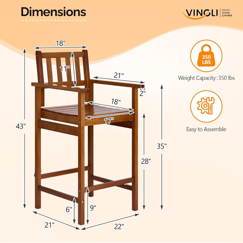 VINGLI Outdoor Bar Stools, Solid Wood Bar Stools Set of 2 Counter Height Bar ...