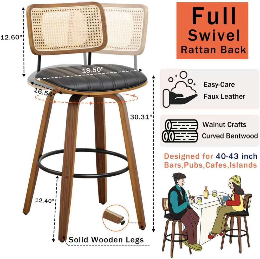 Rattan Swivel Bar Stools, Mid Century Modern Bar Stools with Curved Back