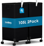 2Pcs Laundry Basket with Wheels 105L, Large Rolling Laundry Hamper with Removable Bag, Metal Frame Collapsible Dirty Clothes Bin, Cloth Organizer Hampers Pull Handle for Bathroom, Dorm, Bedroom Black