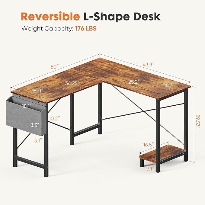 Sweetcrispy L Shaped Desk - Computer Corner Gaming PC Table with CPU Stand Side Bag for Home Office Dorm Sturdy Writing Workstation