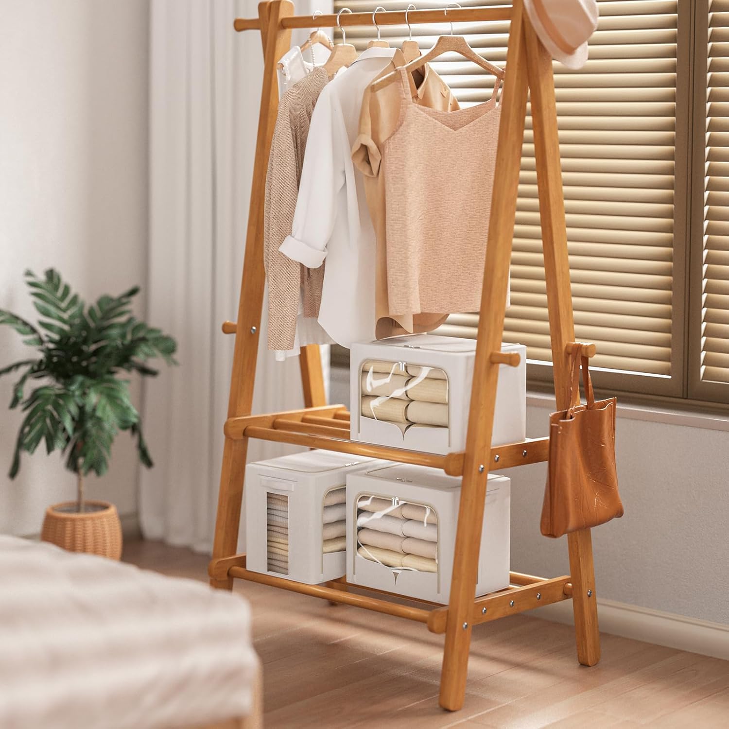 FHSQX 3 Pack Clothes Storage Bins Foldable Metal Frame Storage Box Stackable Linen Fabric Container Organizer Set with Carrying Handles and Clear Window (Cream White, 15.7x11.8x11.8inch(36L))