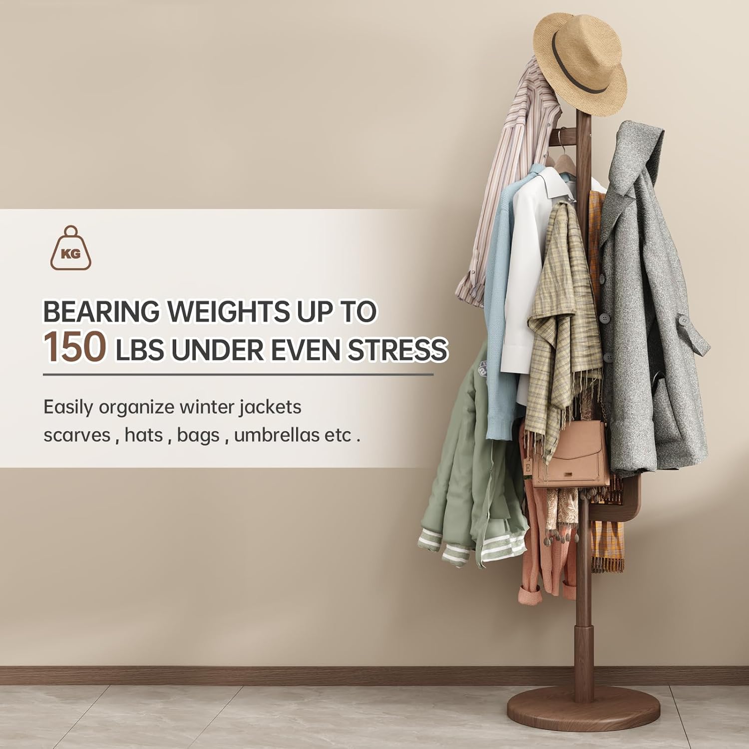 Muwuele Solid Wood Cactus Coat Rack, Freestanding Coat Rack With 6 L-Shaped Hooks and 3 Adjustable Sizes, Coat Tree for Bedroom, Entryway, Livingroom, Coat Hanger Stand for Coats, Handbags (Walnut)