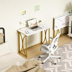 Folding Desk, 31.5" Small for Bedroom, Space Saving Foldable Computer Desk for Home Office, Easy Assembly, White and Gold