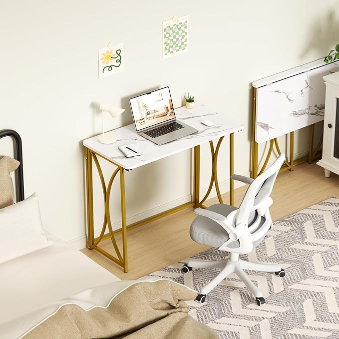 Folding Desk, 31.5" Small for Bedroom, Space Saving Foldable Computer Desk for Home Office, Easy Assembly, White and Gold