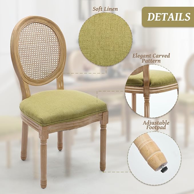 French Country Dining Chairs Set of 6,Farmhouse Upholstered Dining Room Chairs with Round Back and Solid Leg,Rattan Kitchen Chairs for Kitchen/Bedroom/Dining Room,Green
