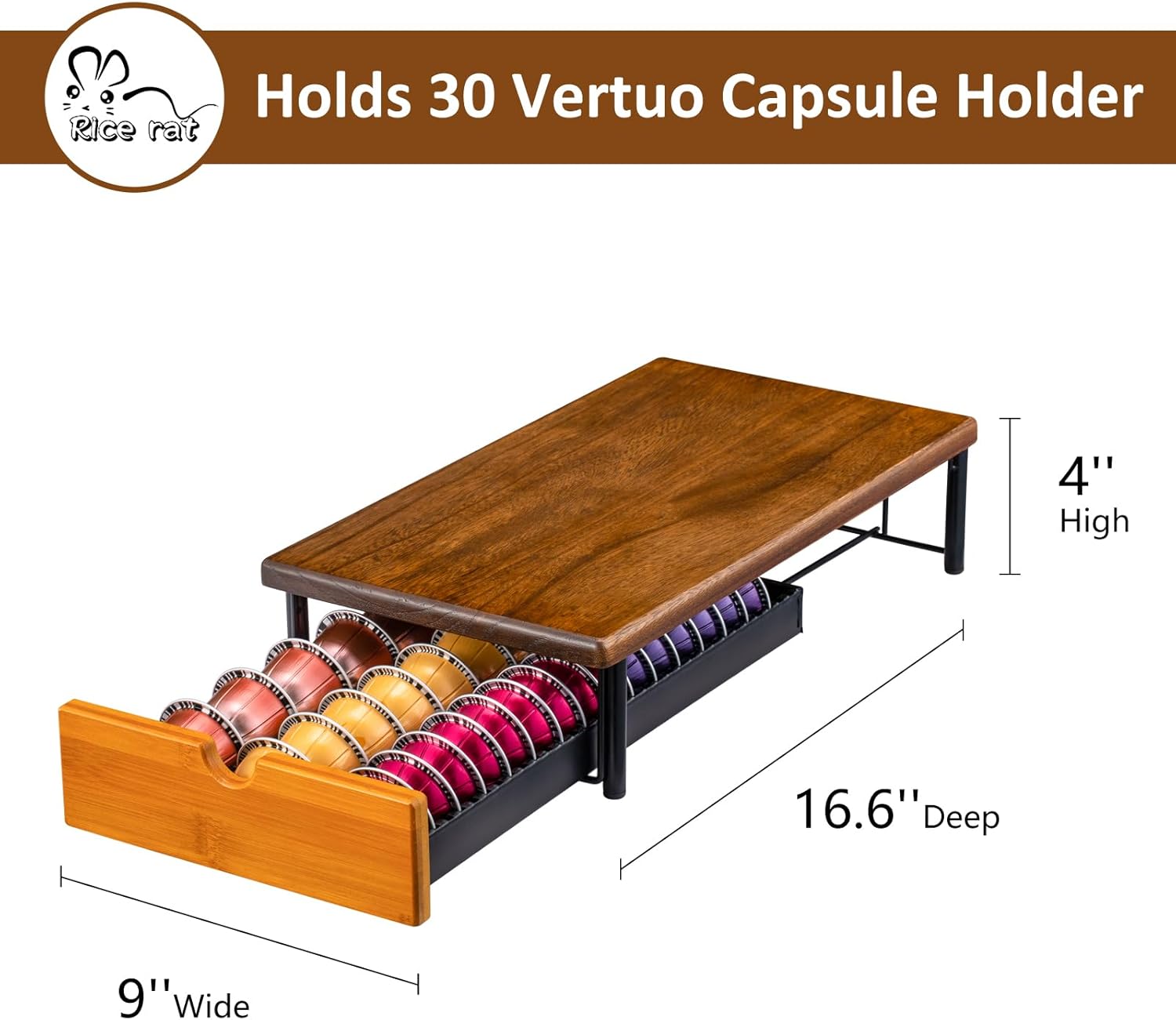Vertuo Capsule Holder Drawer for Nespresso With Elegant Wood Top (30 Pods)