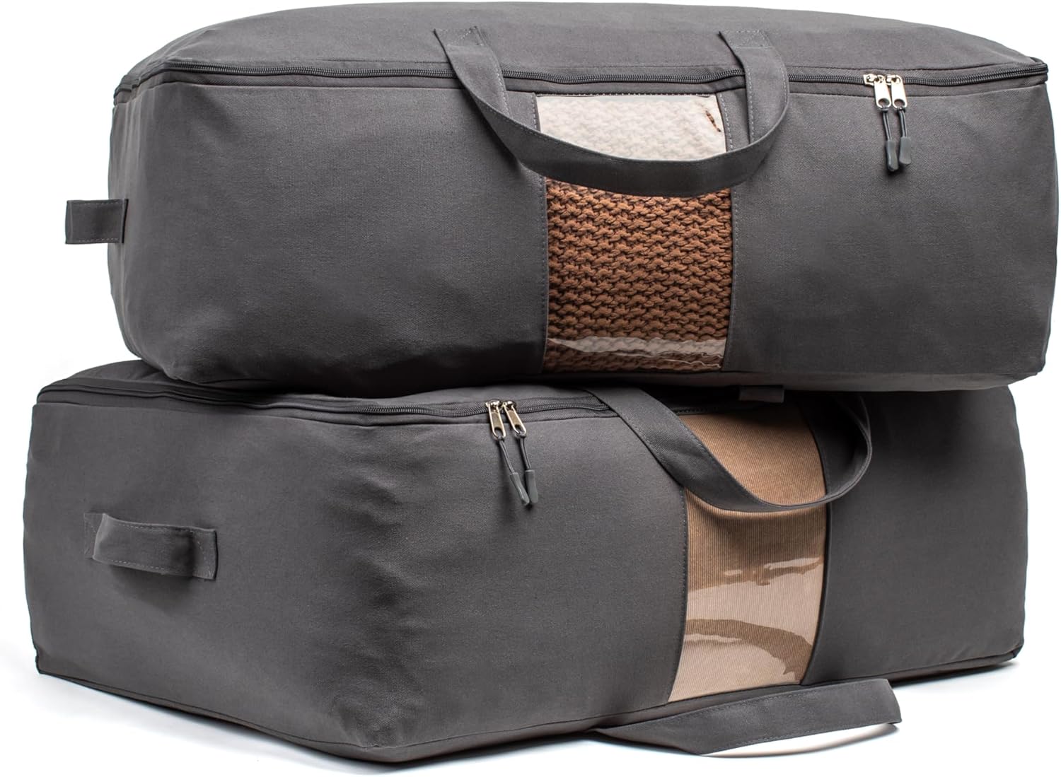 Soft Canvas Storage Bags with Zipper. Thick Breathable, 2pc King/Queen Comforter Organizer. Four Carrying Handles and Window. Large 25x19x9in Bag for Sheets Blankets Bedding Pillows, Clothes (Grey)