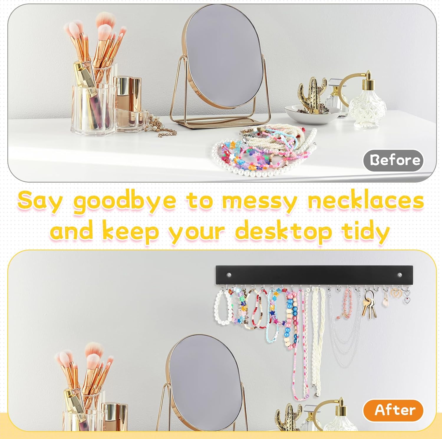 4 Pack Necklace Holder Wall Mount, Hanging Jewelry Organizer with 80 Hooks Total, Space Saving Wooden Necklace Holder for Wall, Necklace Organizer Hanger for Necklaces, Bracelets, Pendant