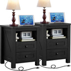 Joaxswe Nightstands Set of 2 with Charging Station and 2 Drawers, Farmhouse | Black Night Stand, Bed Side End Tables, Open Shelf Storage, Bedside Cabinet for Bedroom, Living Room, Closet, Office