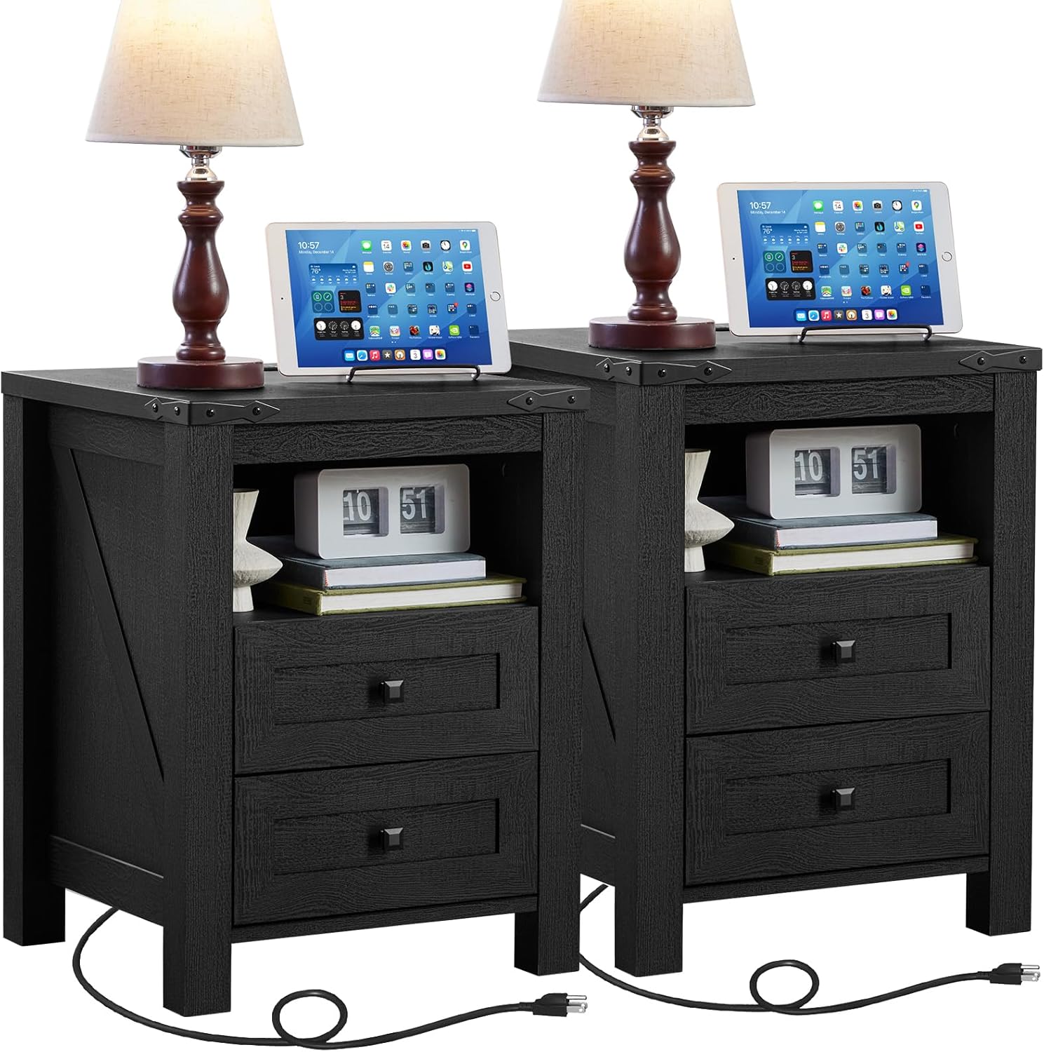 Joaxswe Nightstands Set of 2 with Charging Station and 2 Drawers, Farmhouse | Black Night Stand, Bed Side End Tables, Open Shelf Storage, Bedside Cabinet for Bedroom, Living Room, Closet, Office