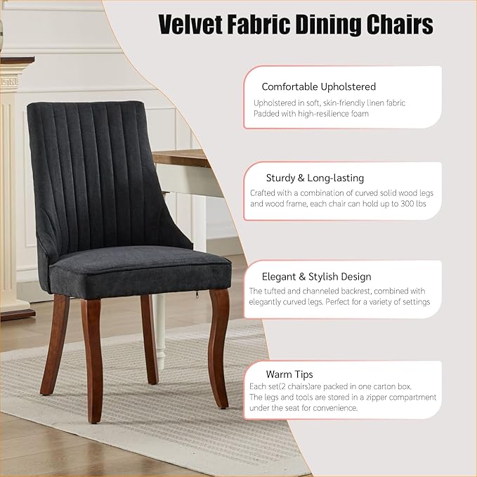 Dining Chairs Set of 4,Comfy Fabric Upholstered Accent Chairs for Kitchen Living Room,Channel Tufted Dining Room Chairs with Curved Solid Wood Legs(Black)
