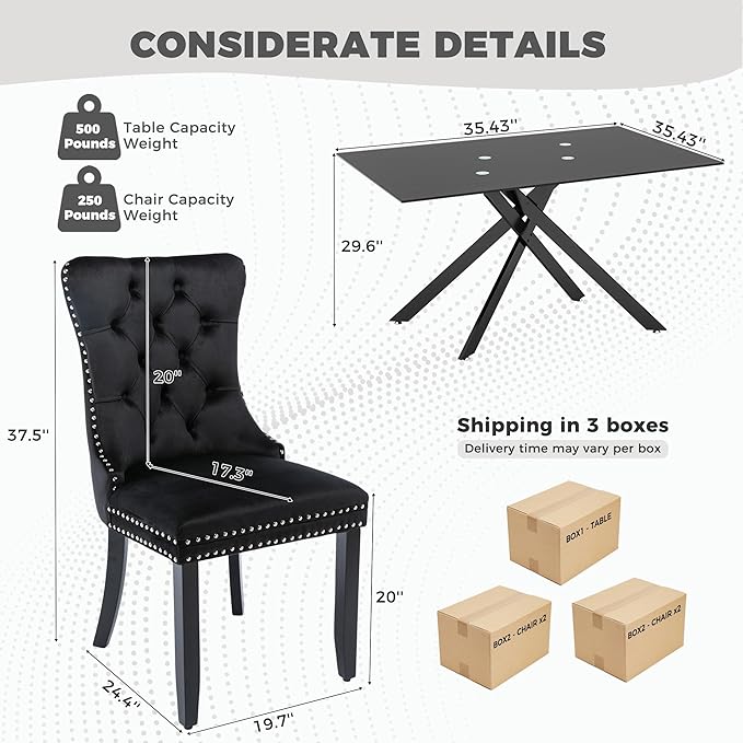 51 Inch Glass Dining Table Set for 4, Rectangular Glass Kitchen Table with 4 Upholstered Velvet Accent Chairs, 5 Piece Modern Dining Room Set, for Home, Apartment, Small Spaces - Black Black