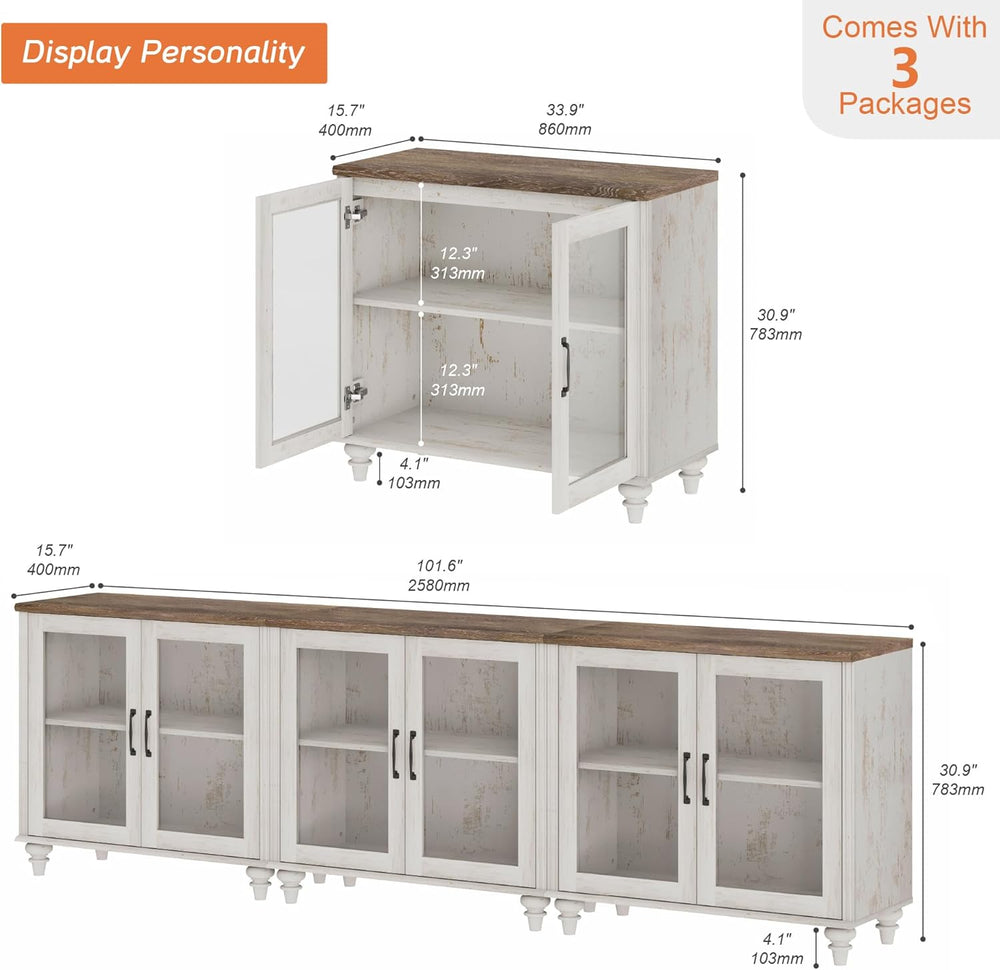 WAMAPT 101" Farmhouse Sideboard Credenza with 6 Glass Doors, Large Coffe...