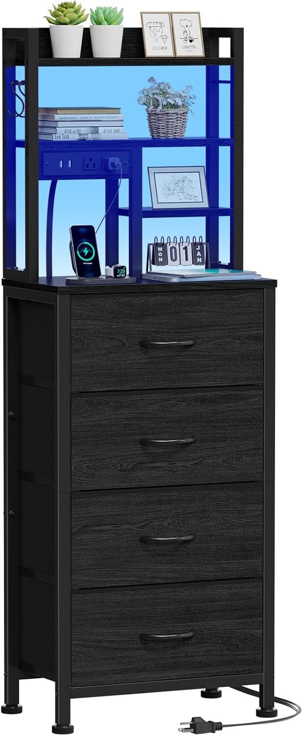 Furnulem Tall Nightstand, LED Night Stand with Charging Station | USB Ports, ...