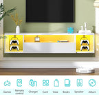 SogesHome 55'' Floating TV Stand with LED Lights, Wall Mounted Entertainment Center with 3 Storage Shelves, Modern Media Console Cabinet for Living Room and Bedroom, White