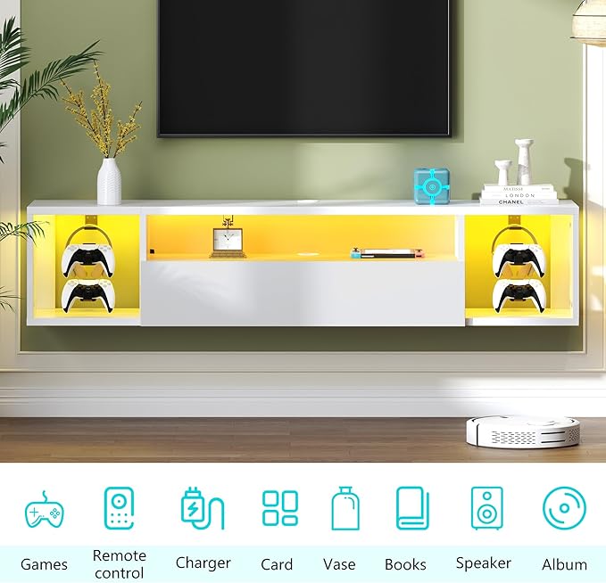 SogesHome 55'' Floating TV Stand with LED Lights, Wall Mounted Entertainment Center with 3 Storage Shelves, Modern Media Console Cabinet for Living Room and Bedroom, White