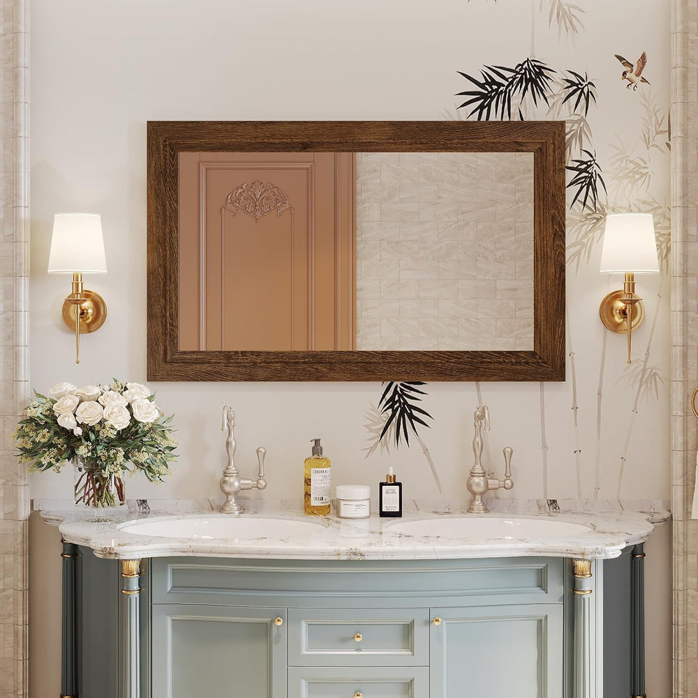 Rustic Wall-Mounted Vanity Mirror, Solid Wood Frame Bathroom Mirror, Farmhous...