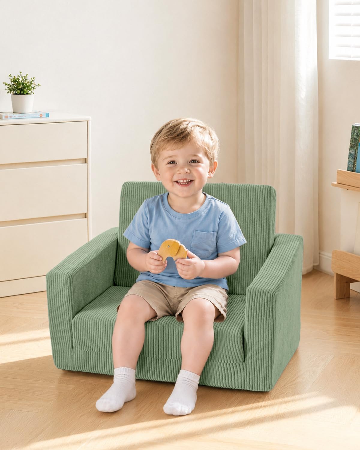 2-in-1 Kids Chair and Couch, Cozy Corduroy Kids Sofa, Green | Fold-Out Kids Couch, Boys and Girls, Bedroom & Playroom, Reading and Playing, Lightweight, Removable Washable Cover