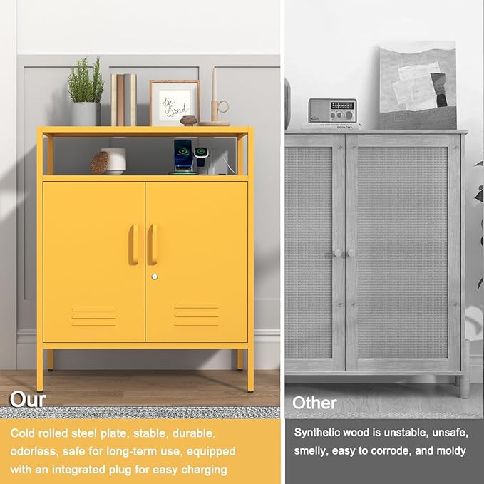 Multifunctional Lockable Storage Cabinet, 3-Tier Side Cabinet with Power Strip & USB Ports, Adjustable Shelf, for Living Room, Home, Office, Yellow 33" H X 29.5" W X 13.8" D