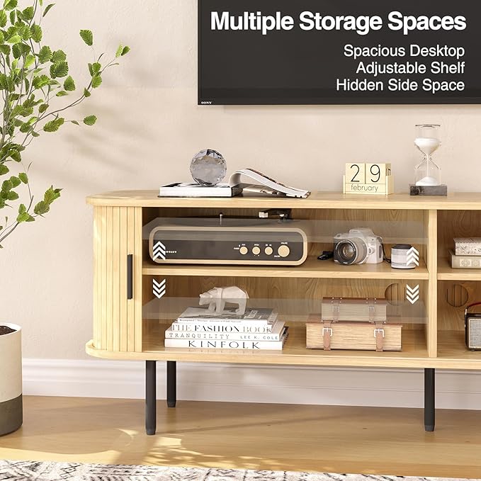 55''W Natural TV Stand Cabinet with Storage for TVs up to 60 Inch, Fluted TV Entertainment Center with Slatted Tambour Doors, Media Console for Living Room, Entryway