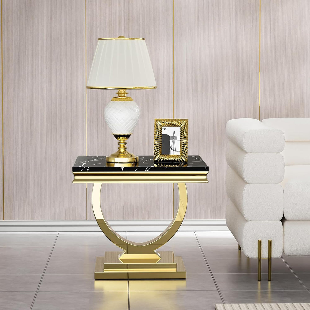 Modern Marble End Table, 22.8" Square Black Side Tables with Gold Stainl...