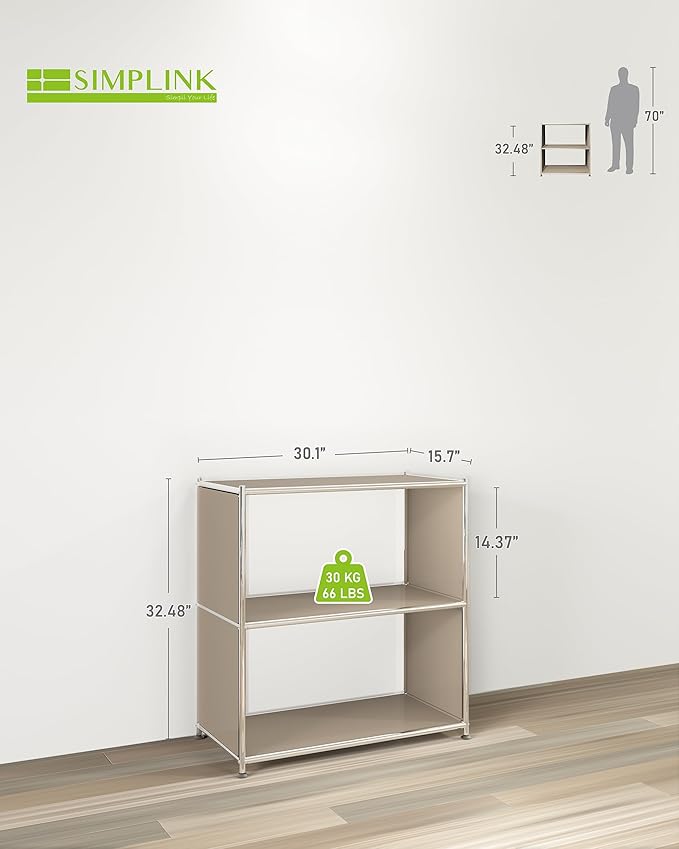 32-Inch 2-Tier Metal Bookcase, Open Shelf Storage Organizer for Living Room, Bedroom, Side Table or Nightstand Use, Modern DIY Assembly, Taupe