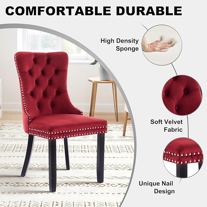 51 Inch Glass Dining Table Set for 4, Rectangular Glass Kitchen Table with 4 Upholstered Velvet Accent Chairs, 5 Piece Modern Dining Room Set, for Home, Apartment, Small Spaces - Red Black