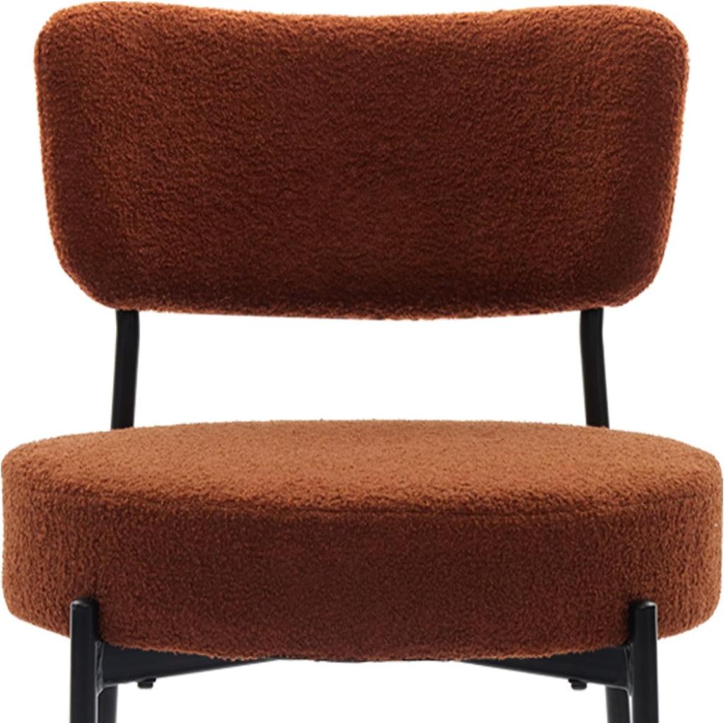 Boucle Dining Chair Set of 2, Mid Century Modern Upholstered Kitchen Chairs with Curved Backrest & Black Metal Legs, Round Dining Room Chairs, Brown