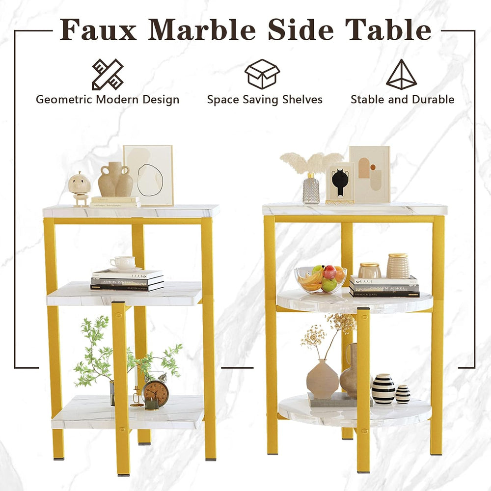 Coffee Table Set of 3, Faux Marble Coffee Table & 2pcs End Table with Met...