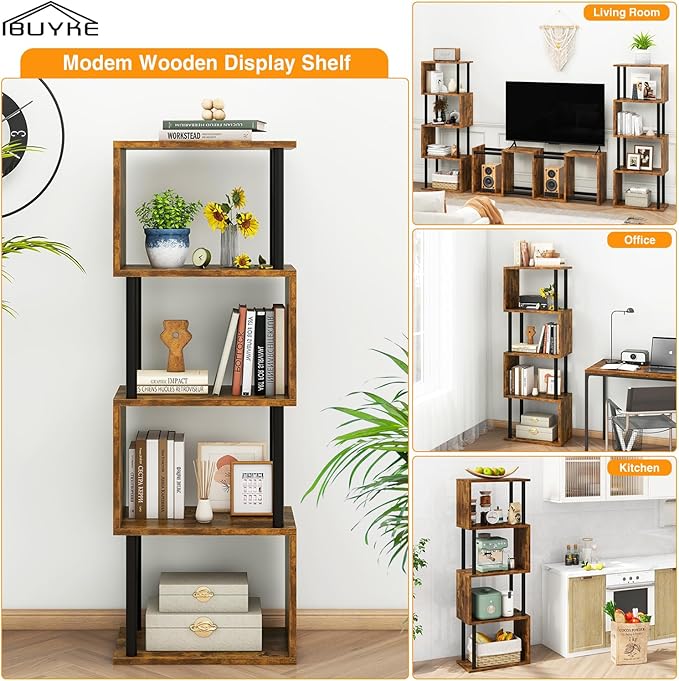 IBUYKE 5-Tier Tall Bookshelf,S-Shaped Geometric Bookcase, Wood Display Shelve...