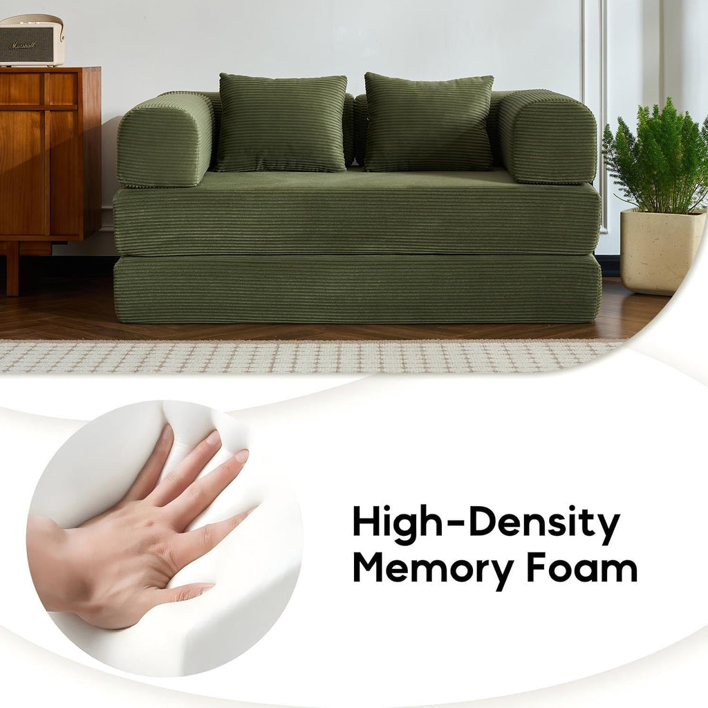59" Convertible Floor Sofa Bed, Boneless Couches for Living Room, Green | Corduroy Loveseat Sleeper Floor Sofa, Modular Sectional Sofa, Futon Boneless Couch, Pull Out Couch, No Assembly Required