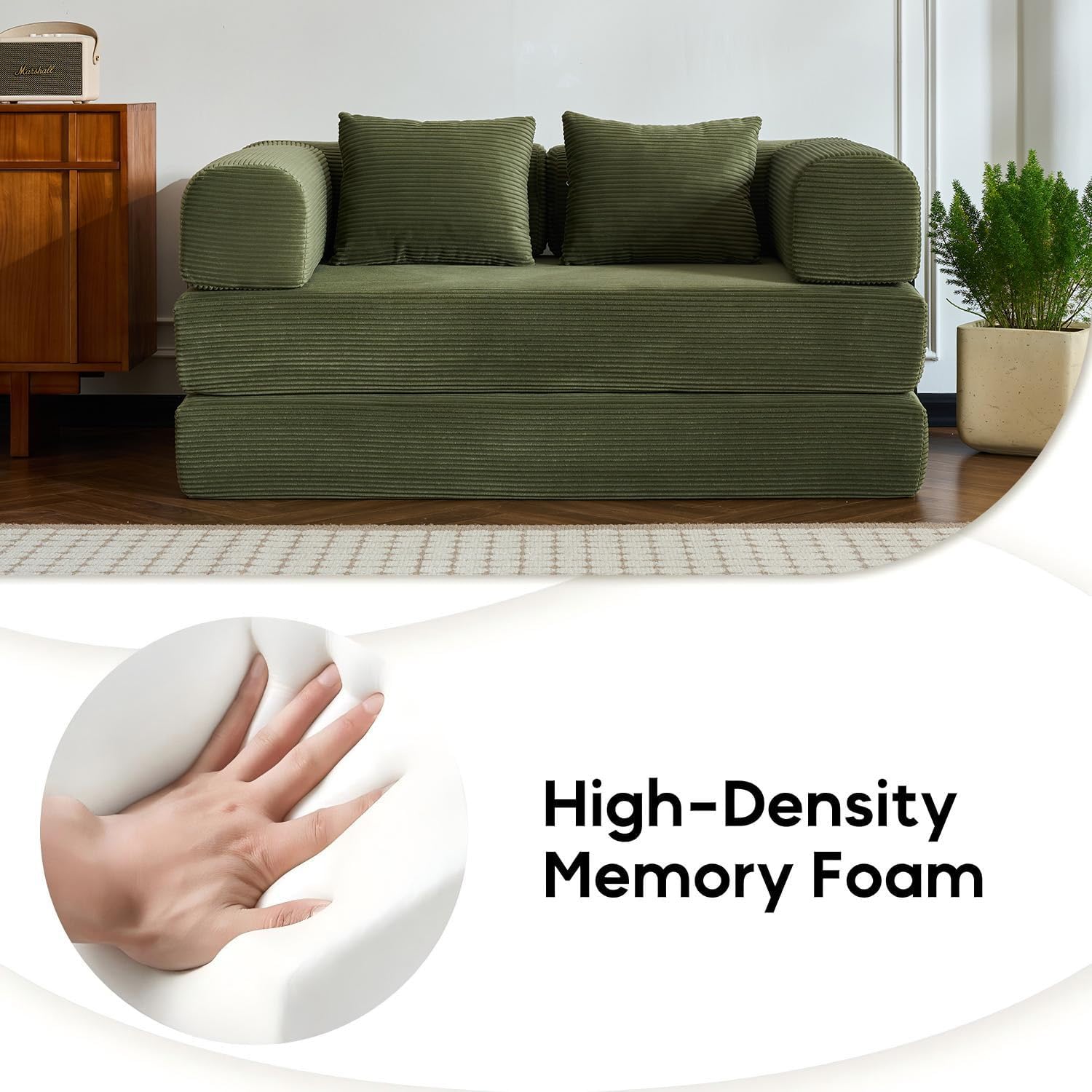 59" Convertible Floor Sofa Bed, Boneless Couches for Living Room, Green | Corduroy Loveseat Sleeper Floor Sofa, Modular Sectional Sofa, Futon Boneless Couch, Pull Out Couch, No Assembly Required