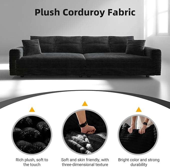 KEIKI 102.4" Sectional Couches, Modern Comfy Upholstered Sofa Cloud Couch, Deep Seat 4 Seat Sofa Set with Soft Pillows and Movable Ottoman for Living Room, Apartment, Office, Black