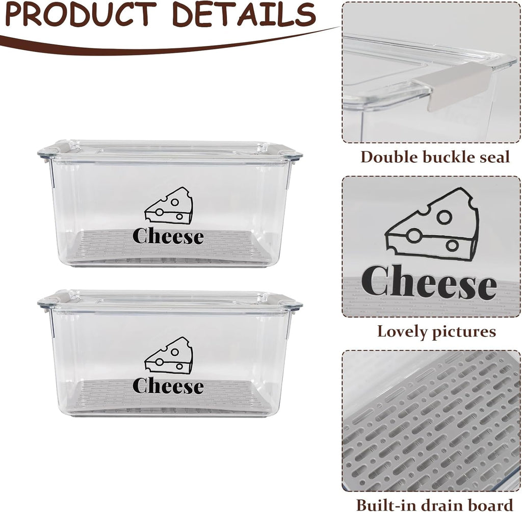 Cheese Container Airtight with Draining Basket Cream Cheese Sliced Cheeses Box with Lid Saver for Fridge Cheeses Keeper Cream Block Shredded Storage Box Saver (Clear - 2 Pack)