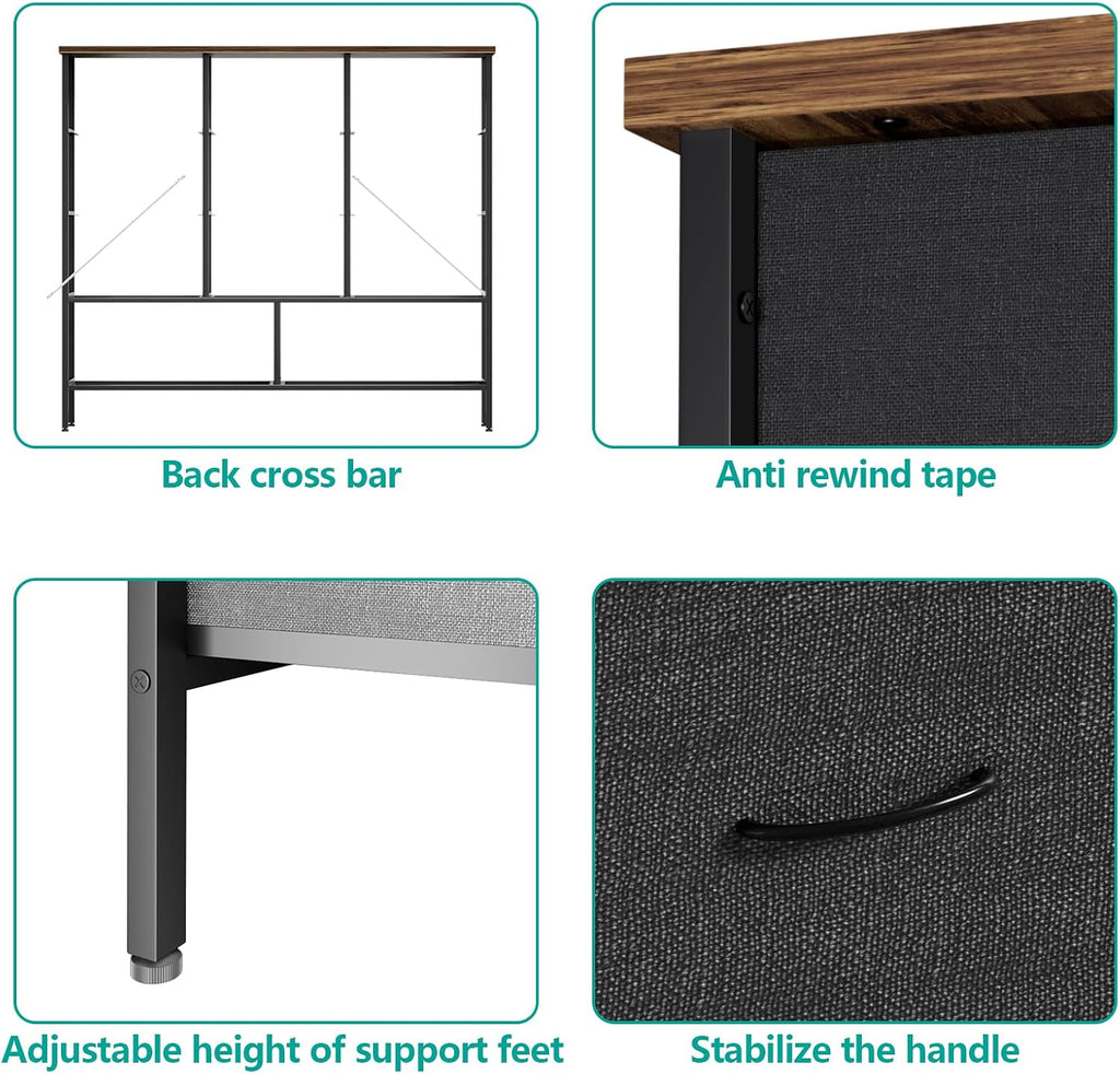 VASICAR 43.3" Wide Fabric Dresser for Bedroom, Chest of Drawers with 11 Deep Drawers, Multi-Drawers TV Stand TV Console, Storage Organizer for Closet, Nursery (Black)