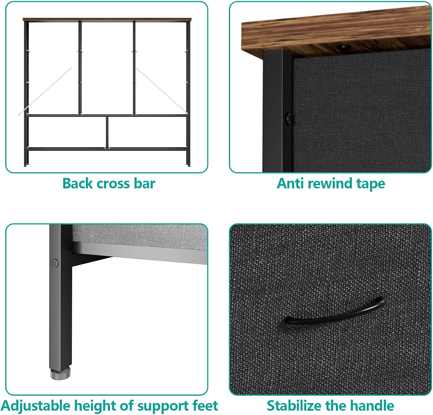 VASICAR 43.3" Wide Fabric Dresser for Bedroom, Chest of Drawers with 11 Deep Drawers, Multi-Drawers TV Stand TV Console, Storage Organizer for Closet, Nursery (Black)