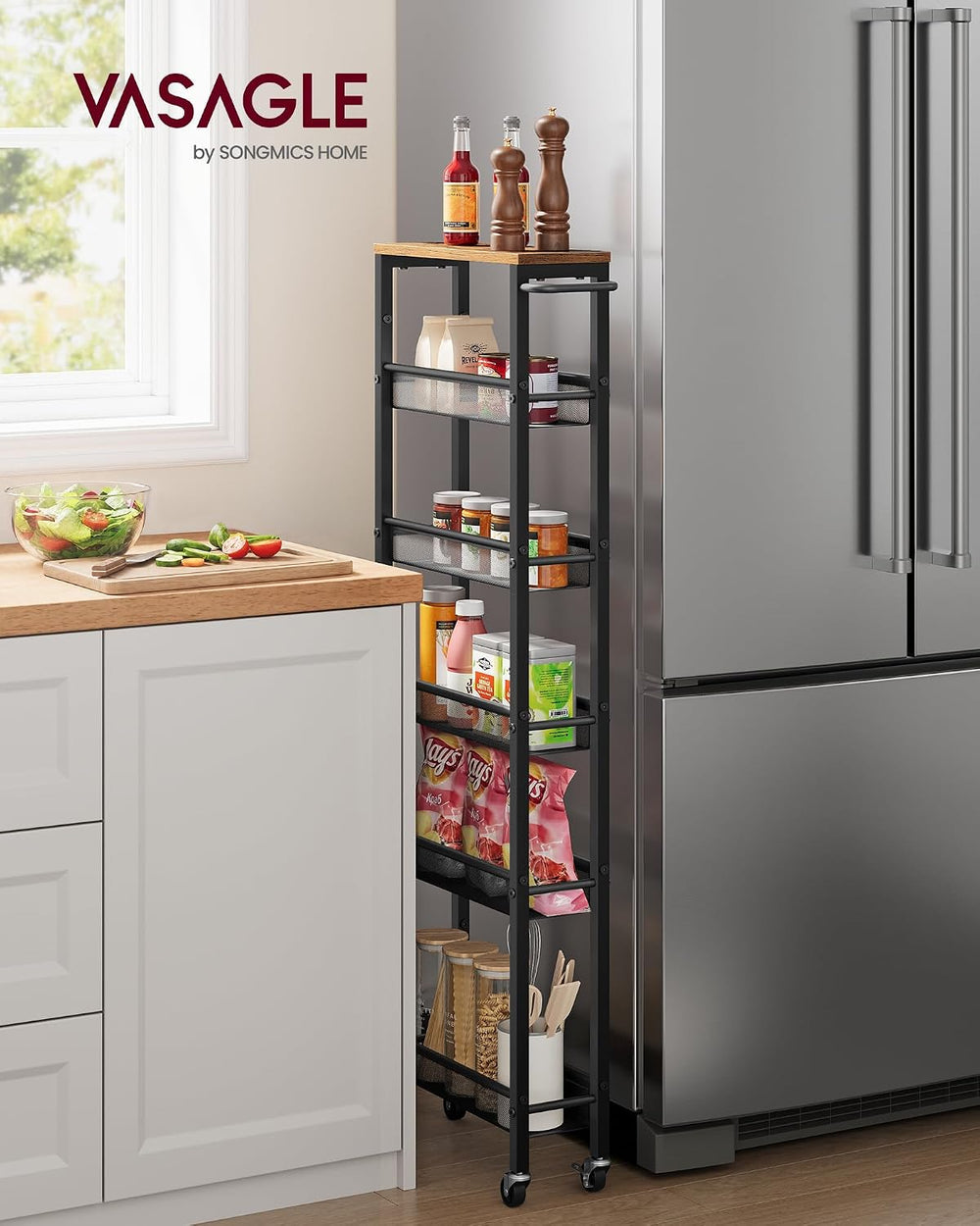 VASAGLE Slim Storage Cart, 6-Tier Rolling Utility Cart, Skinny Shelf for Kitc...