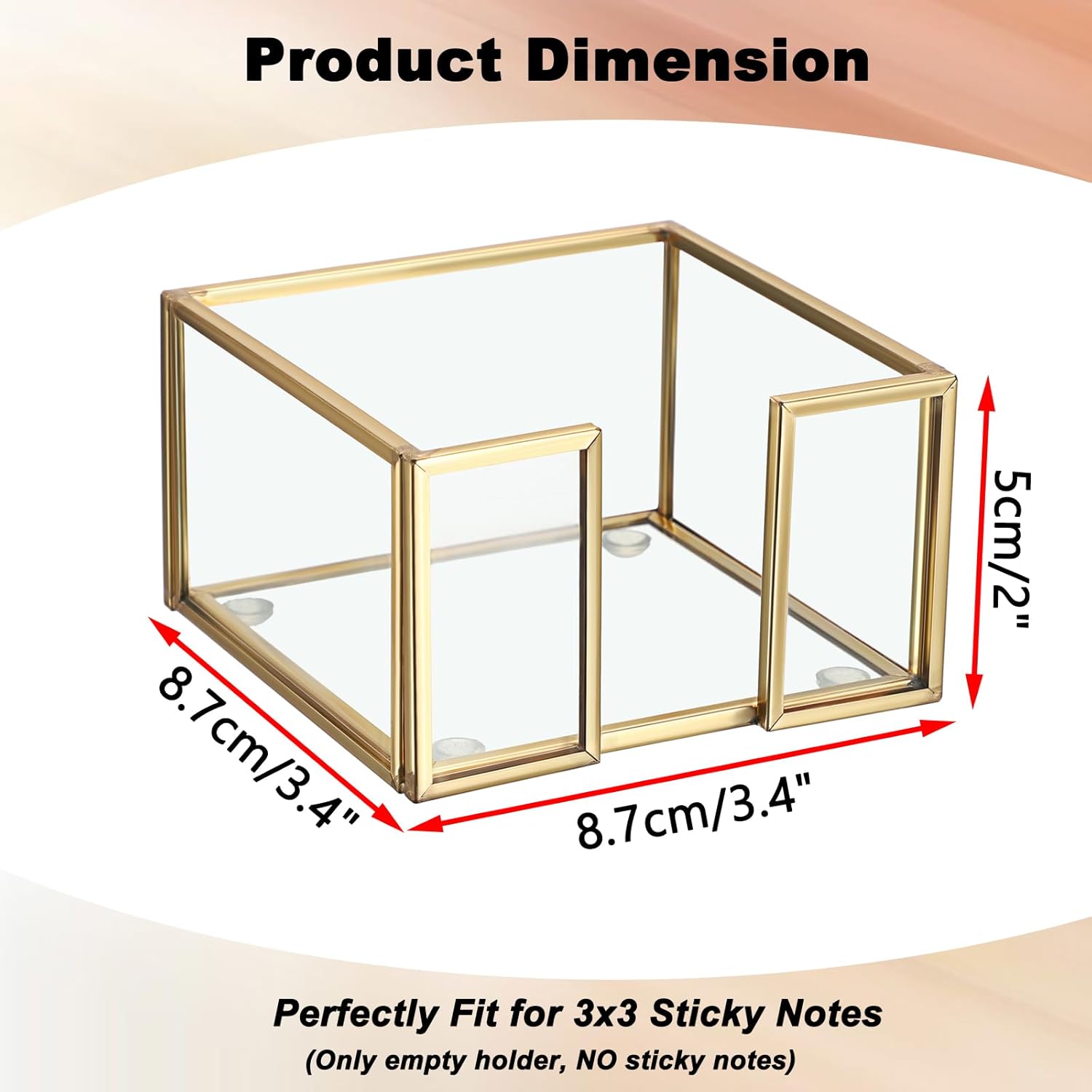 BTSKY Golden Glass Sticky Note Holder for 3x3 Inch Sticky Notes, Elegant Post It Note Dispenser with Non-Slip Pads Clear Notepad Holder for Desk Organization Planning, Home Office Decor
