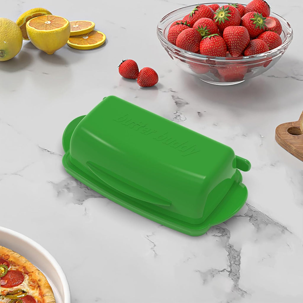 Butter Dishes with Lid for Countertop Refrigerator, Plastic Butter Dish Clear Flip Top Lid Butter Container with Spreader, Non-Slip Bottom Butter Holder Keeper (Green)