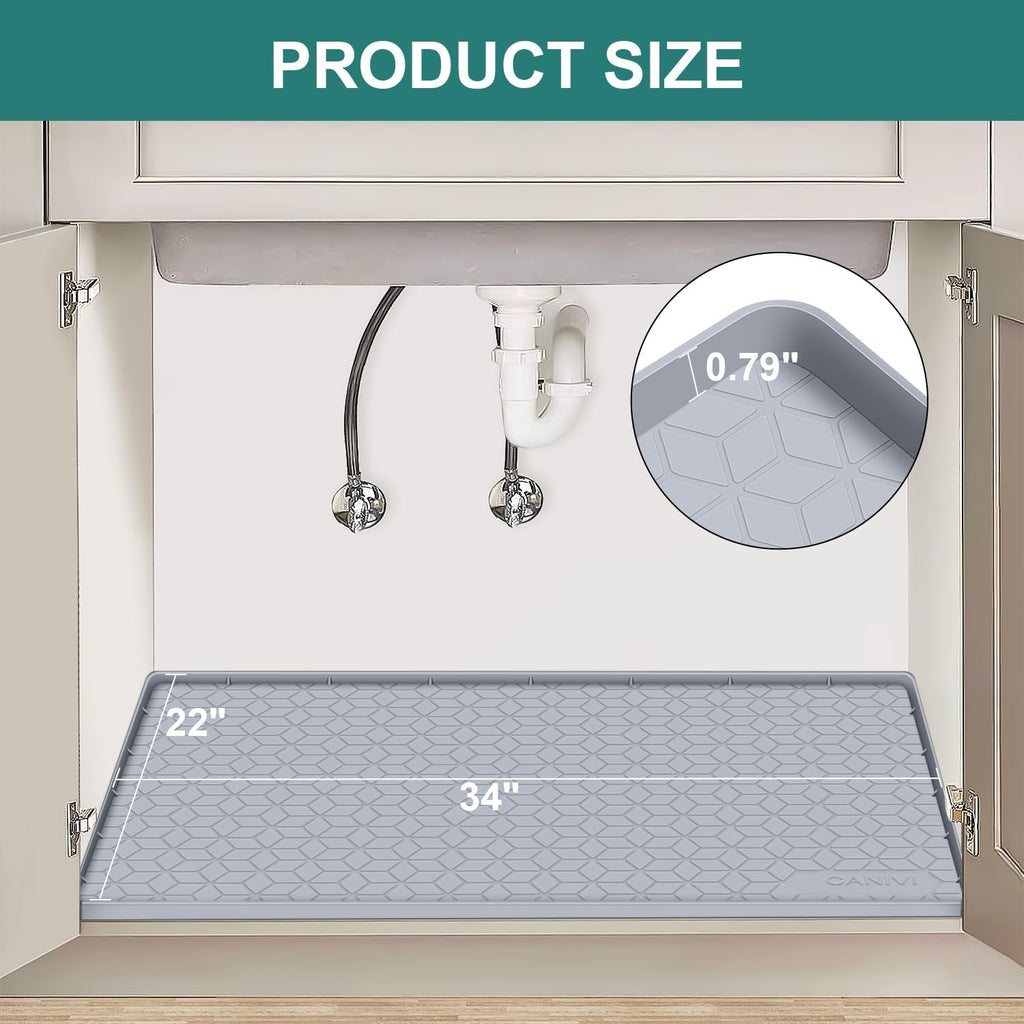 Under Sink Mat, 34" x 22" Waterproof Silicone Under Sink Tray for Kitchen & Laundry Cabinets, Kitchen Cabinet Shelf Protector, Up to 3.3 Gallons Liquid, Fits 36 inch Standard Cabinet Light Grey