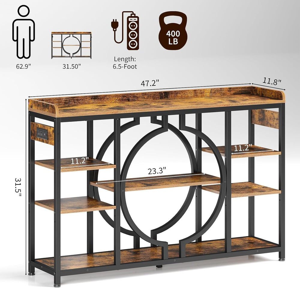 47.2 Inch Console Tables with Charging Station and LED Light, Rustic Brown