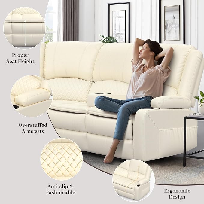Manual Reclining Sectional Sofa Set, 5 Seats Soft Leather Recliner Corner Sectional Couch, Family-Sized L-Shaped Recliner Couch with USB Charging, Thickened Padding, Sturdy Frame, White