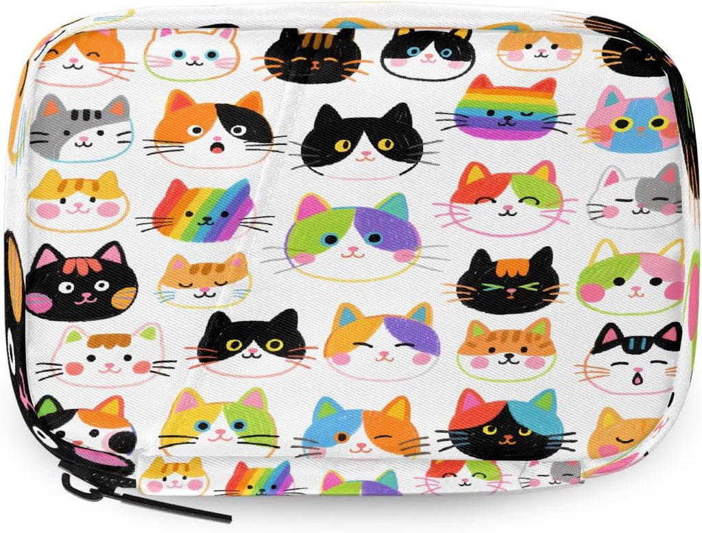 Colorful Hand Drawn Cat Pill Organizer Travel Medicine Case with Zipper Daily Vitamin Storage Bag Portable 8 Slot Weekly Pill Box Supplement Holder for Home Office Gym Travel
