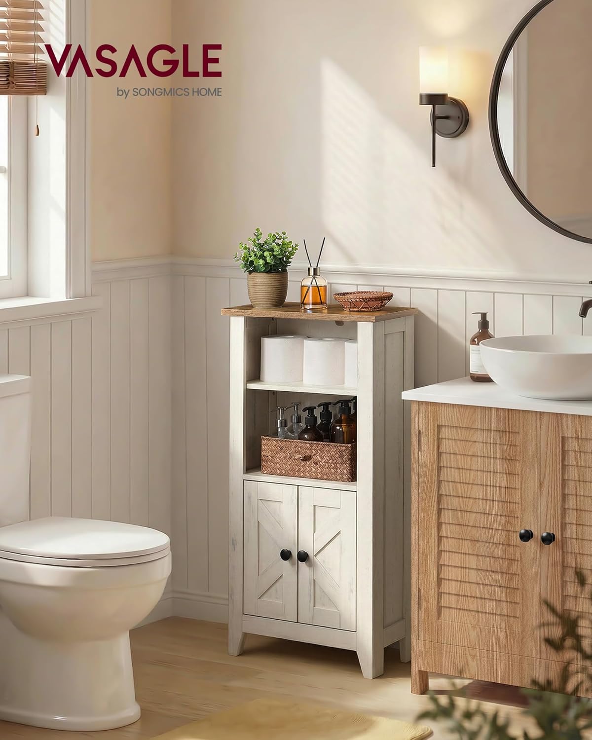 VASAGLE LIRY Collection - Storage Cabinet, Farmhouse Floor Cabinet, Freestanding Storage Organizer for Bathroom Kitchen Entryway, Adjustable Shelf, Cloud White and Rustic Brown UBBK313W101S
