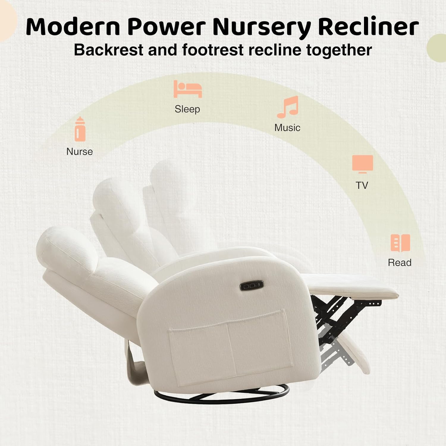 Power Nursery Glider Recliner, Chenille Electric Rocker Recliner with Type-C & USB Port, Nursery Swivel Rocker Recliners with Double Pockets for Adult, Cream White