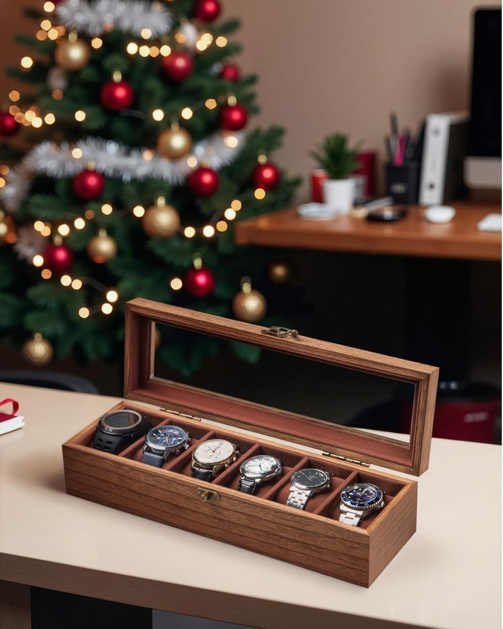 Watch Box for Men and Women - Large Glass Lid, Wooden Display Storage Case With 6 Slots, Retro Burlywood Organizer