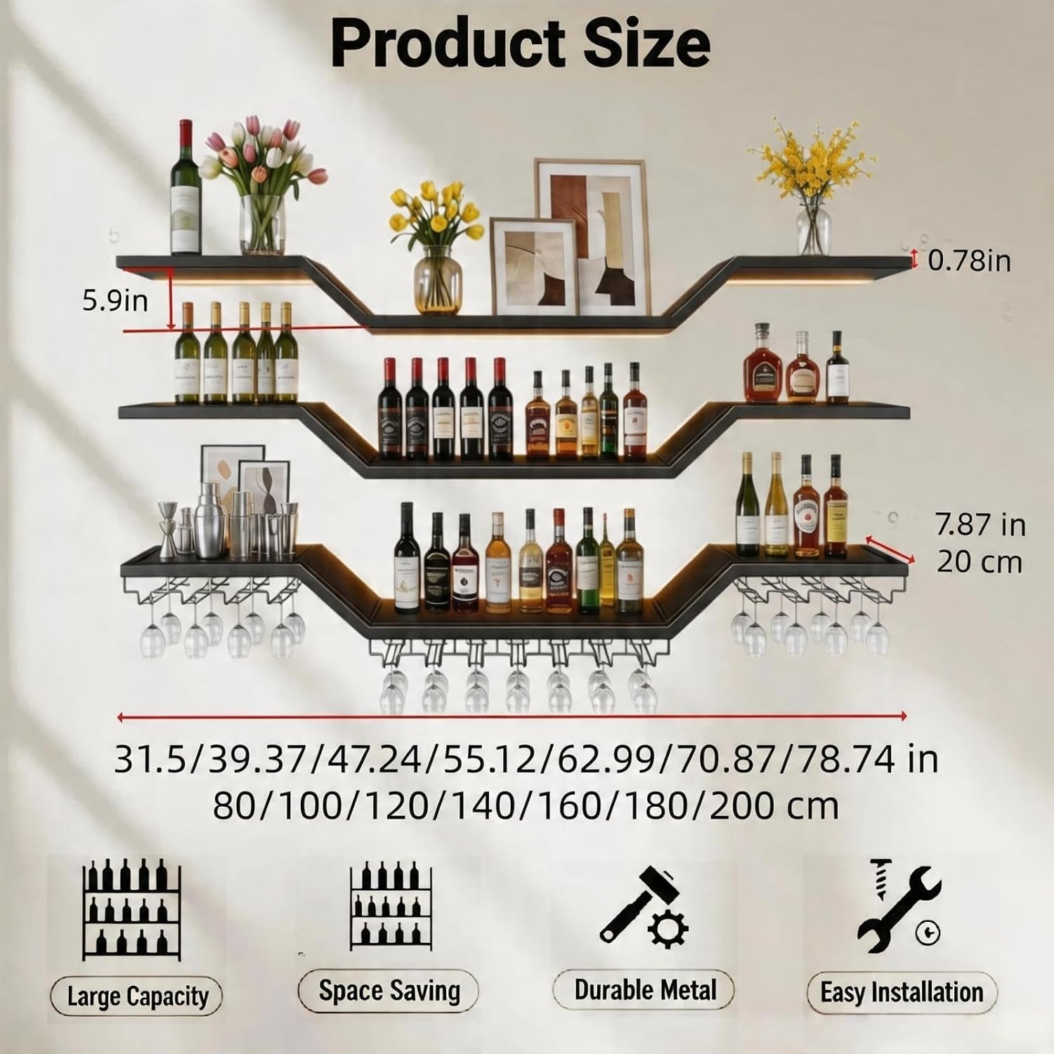 63" Wall Mounted LED Wine Rack, 3-Tier Floating Bar Shelves, Large Liquor Shelf with Wine Glass Rack, Large Bar Rack Wall Mounted for Liquor Bottles, Home Bar, Dining Room or Cafe, Black
