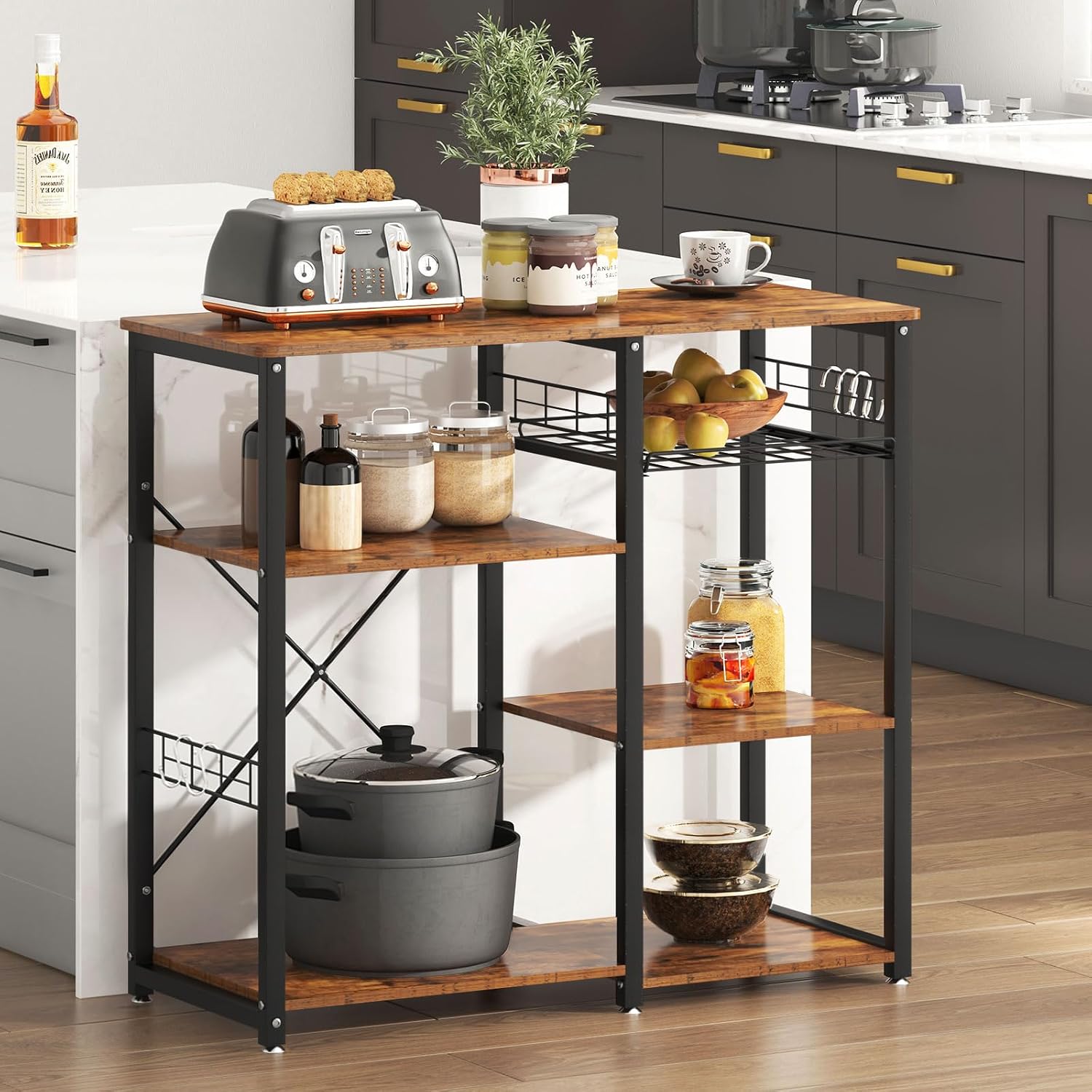 soges 3-Tier Kitchen Baker's Rack, Compact Microwave Stand, Rustic Brown | Space-saving for Apartments, Kitchen, Pantry, Living Room, Sliding Storage Basket, 5 Hooks, Sturdy X-Frame, Easy Assembly